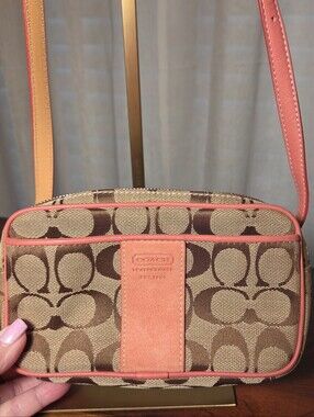 Vintage Coach Brown Signature Canvas Belt Bag with Pink Trim